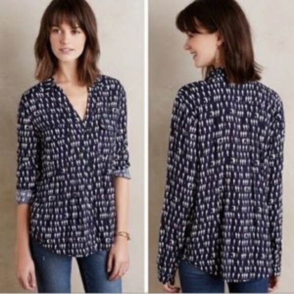 Anthropologie Maeve 10 Eclectic Bohemian Novelty Print Wynwood Bird Button Shirt - Picture 2 of 15